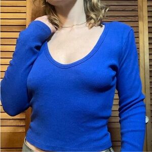 Big Bud Press V Neck Ribbed Top shirt Bright Royal Blue size small